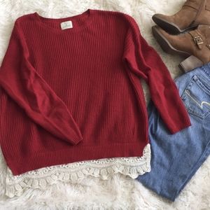 UO Pins + Needles red chunky sweater with lace